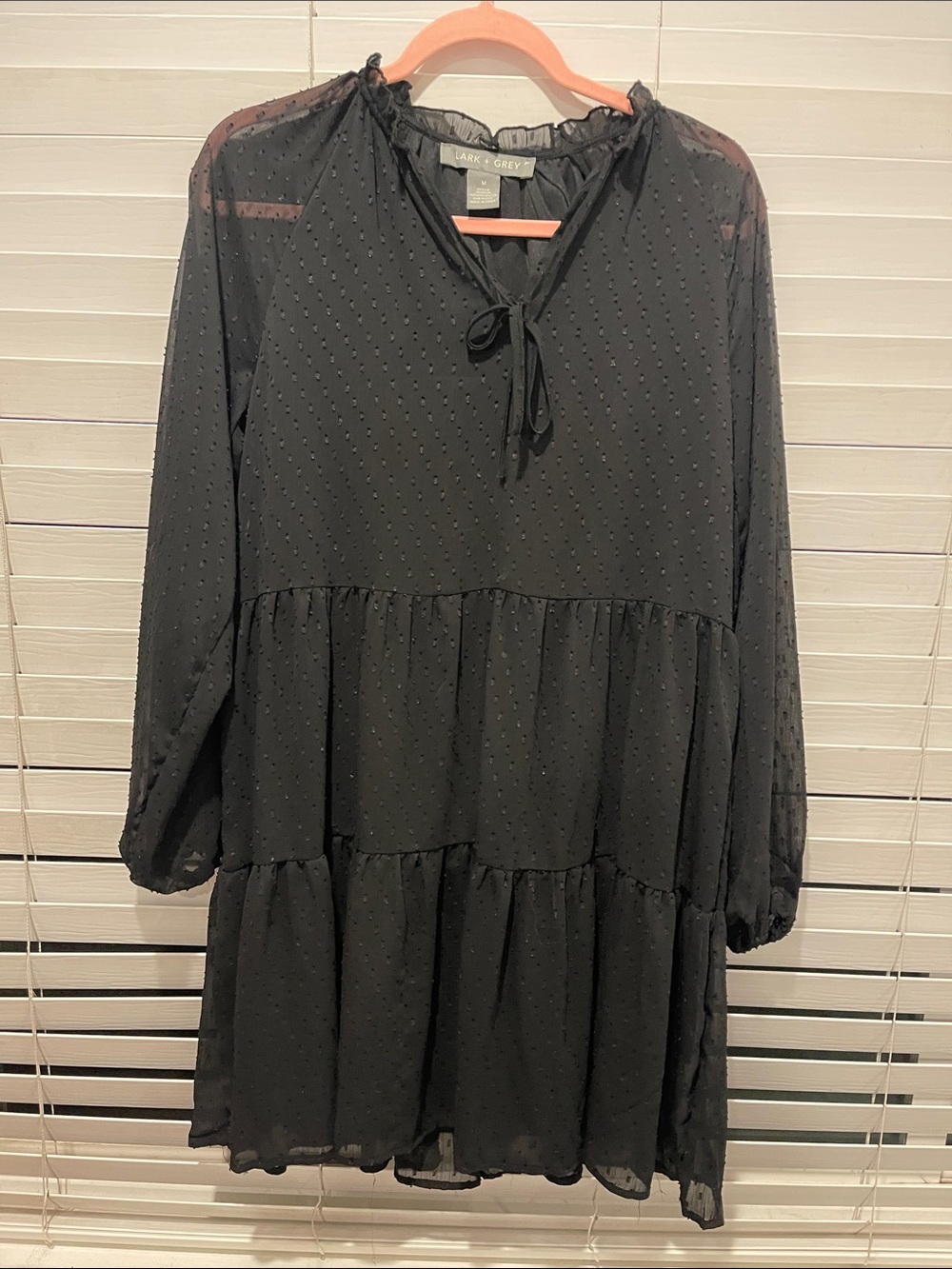 Lark & Ro Black Swiss Dot Tie-Neck Tiered Long Sleeve Dress